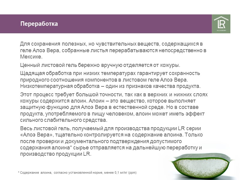 * Содержание алоина, согласно установленной норме, менее 0,1 мг/кг (ppm) Переработка Для сохранения полезных, * Содержание алоина, согласно установленной норме, менее 0,1 мг/кг (ppm) Переработка Для сохранения полезных,